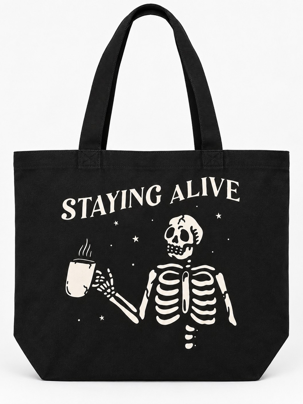 Large Heavy-Duty Double-Sided Halloween Tote – “Staying Alive” Skeleton Graphic